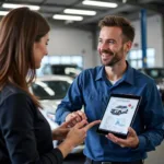 Auto Service Brunswick: A service advisor discussing repair options with a customer.