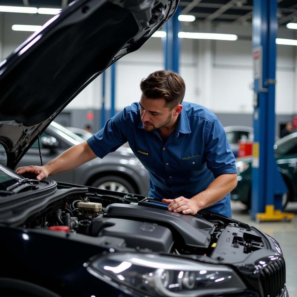 Mechanic Inspecting a Car in a Chicago Auto Service Center