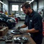 Mechanic installing customer-supplied brake pads in a car at a shop near 15239.