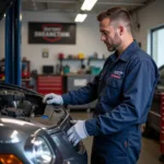 Mechanic diligently working on a car in a Hilliard, OH auto service shop