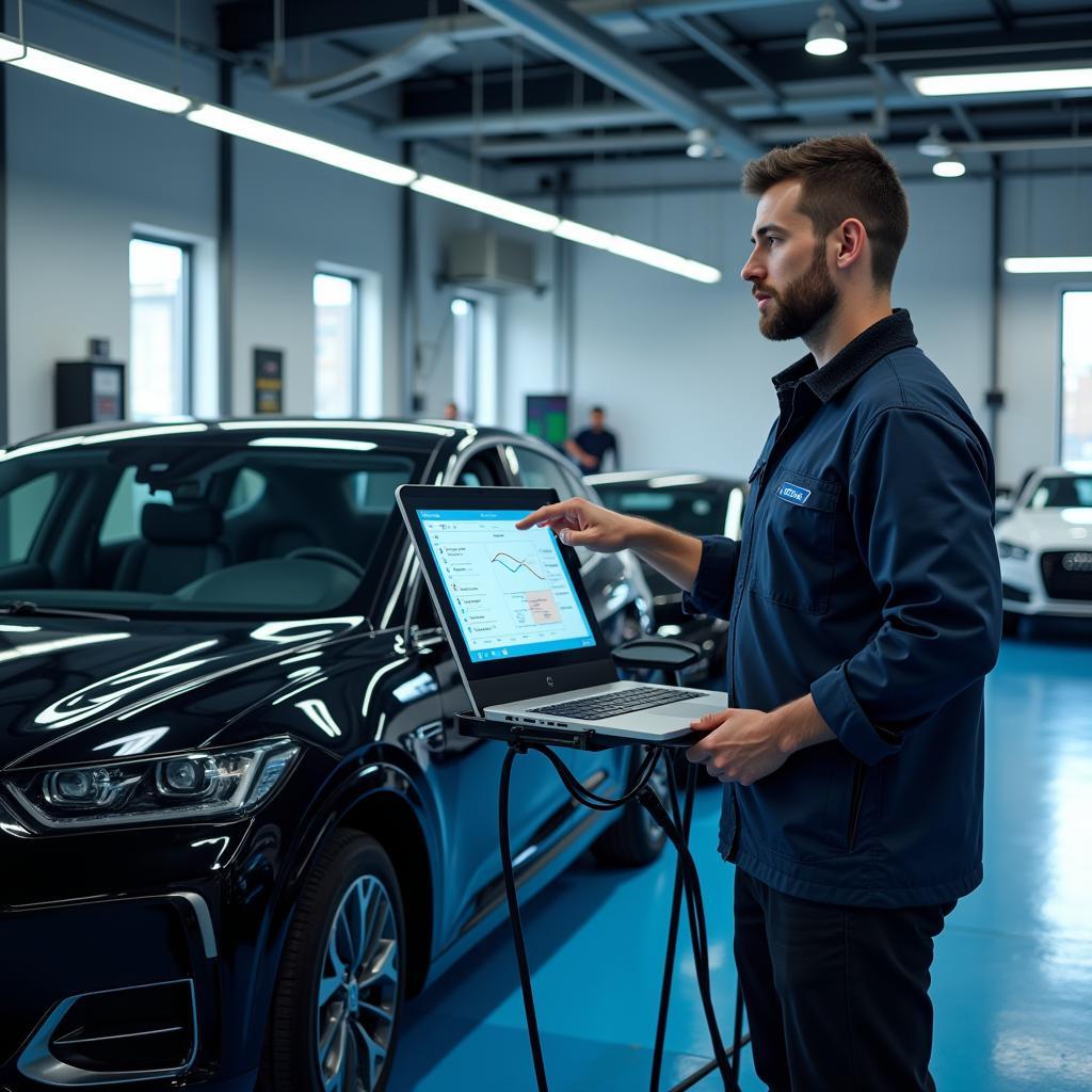 Modern Auto Service House with Electric Vehicle Diagnostic Tools