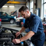 Mechanic working on a car in an Independence, Ohio auto service center