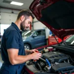 Mechanic working diligently on a car in an auto service shop in Inman, SC