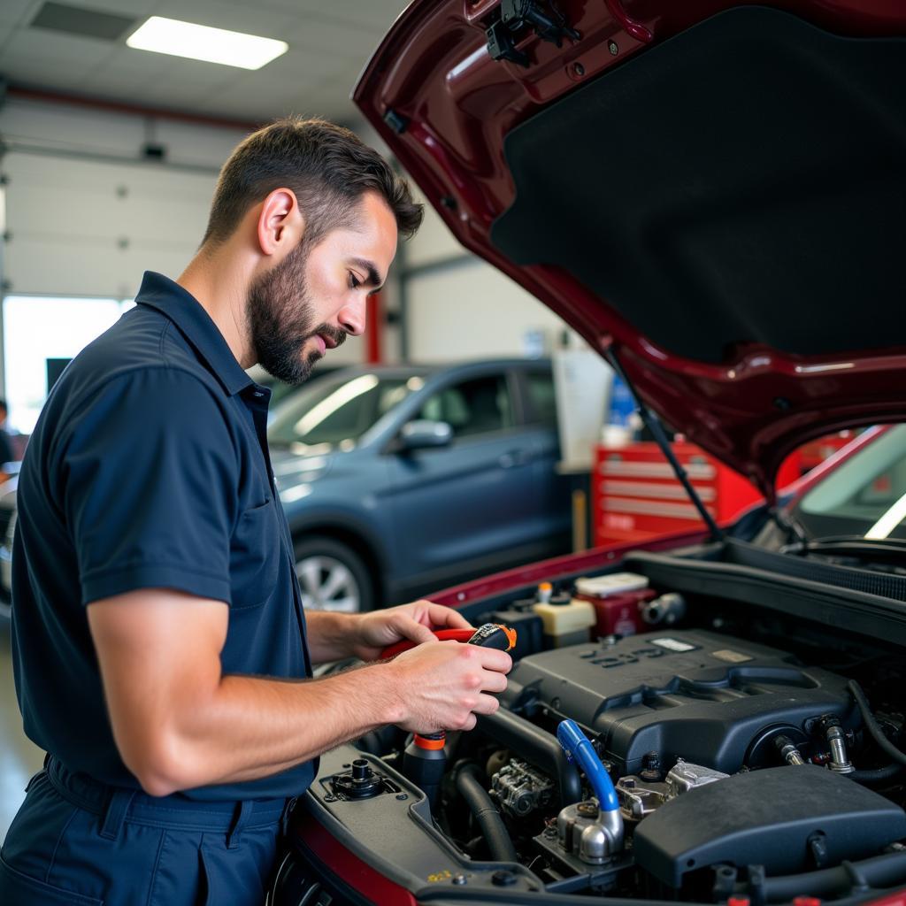 Mechanic working diligently on a car in an auto service shop in Inman, SC