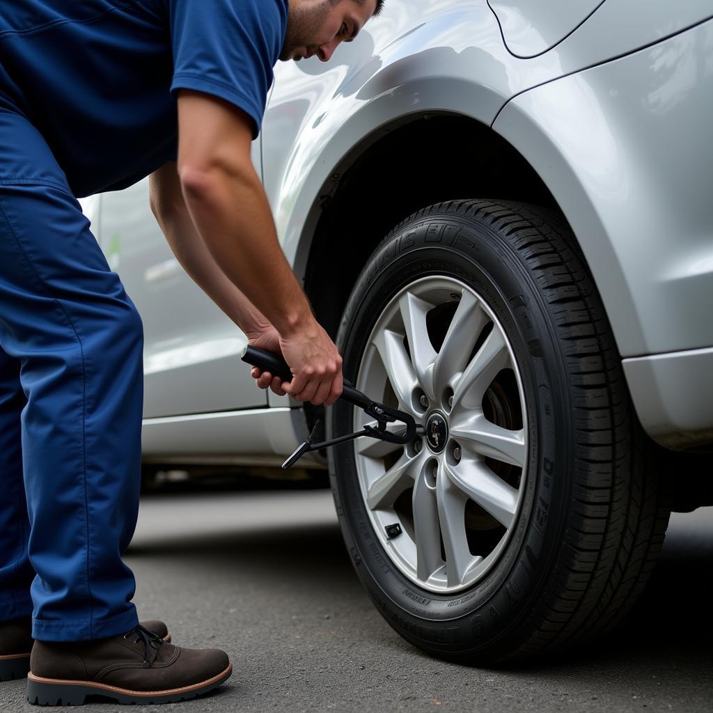 Tire Change at an Auto Service Center in Newton, Mass