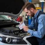 Mechanic Working on a Car with Coupon in Hand