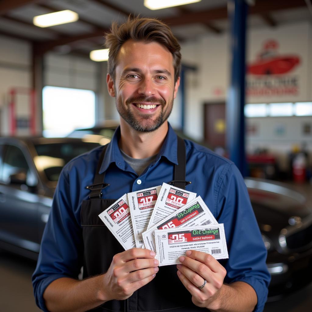 Mechanic holding coupons for auto service specials in Jackson