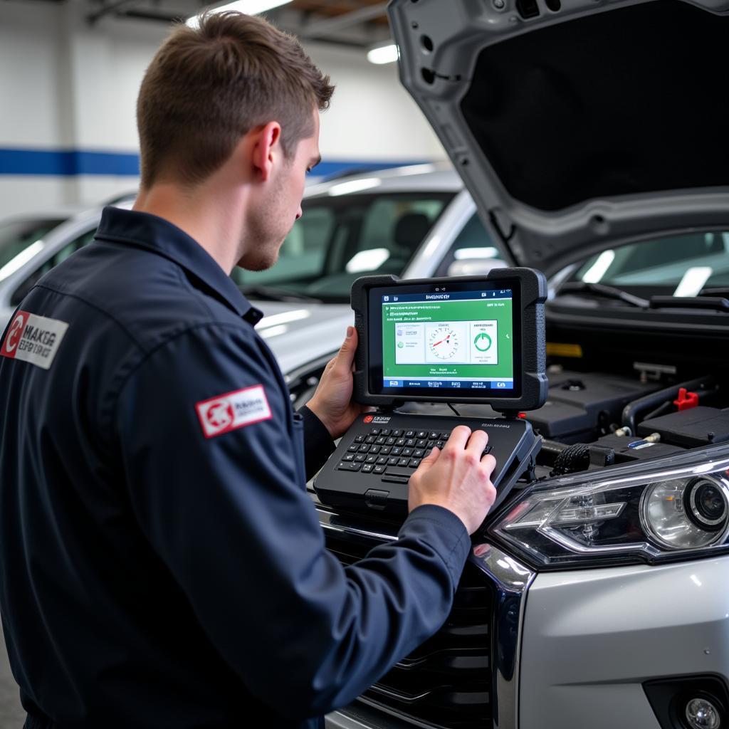 Auto Service Technician Performing Diagnostics