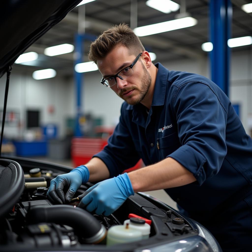 Auto service technician working diligently on a car engine in a professional garage.