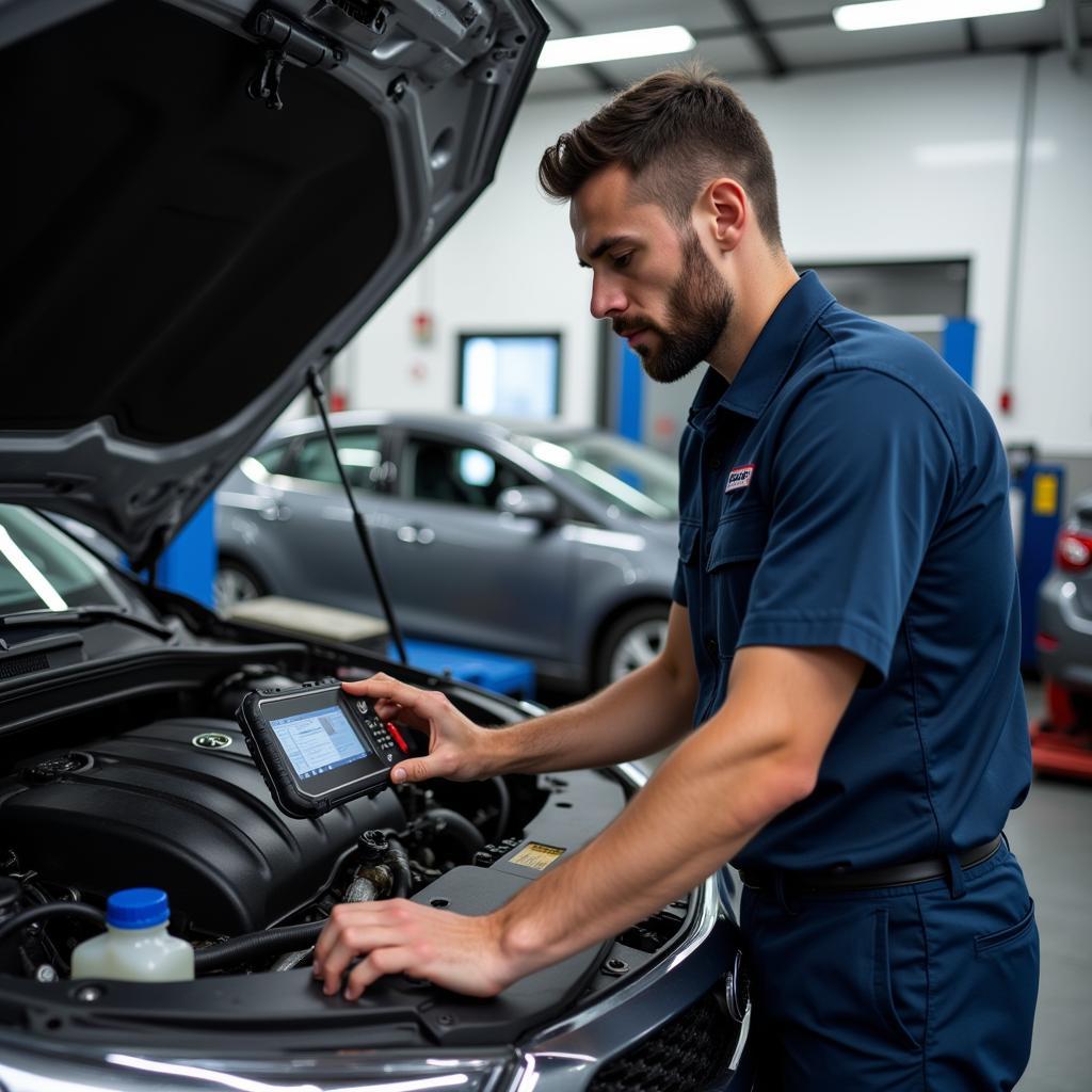 Qualified technician performing diagnostics and repair work on a car engine inside a modern auto service centre.