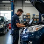 Mechanic working on a car in a modern auto repair shop in Independence, Ohio