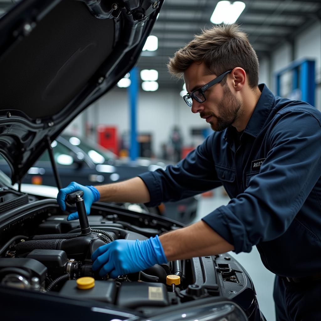 Mechanic performing auto tech mechanical service on a car engine