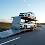 Auto trolley service transporting a vehicle on a highway.