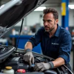 Mechanic Inspecting Engine During Auto Tune Up in North Plainfield