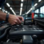 Mechanic working on a car engine at Avery Auto Service Inc.