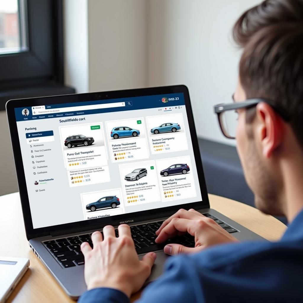 Choosing an auto transport provider in Southfield, MI: A person researching auto transport companies on a laptop.