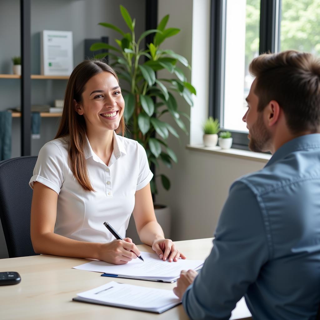 A friendly customer service representative assisting a client with their auto insurance policy.