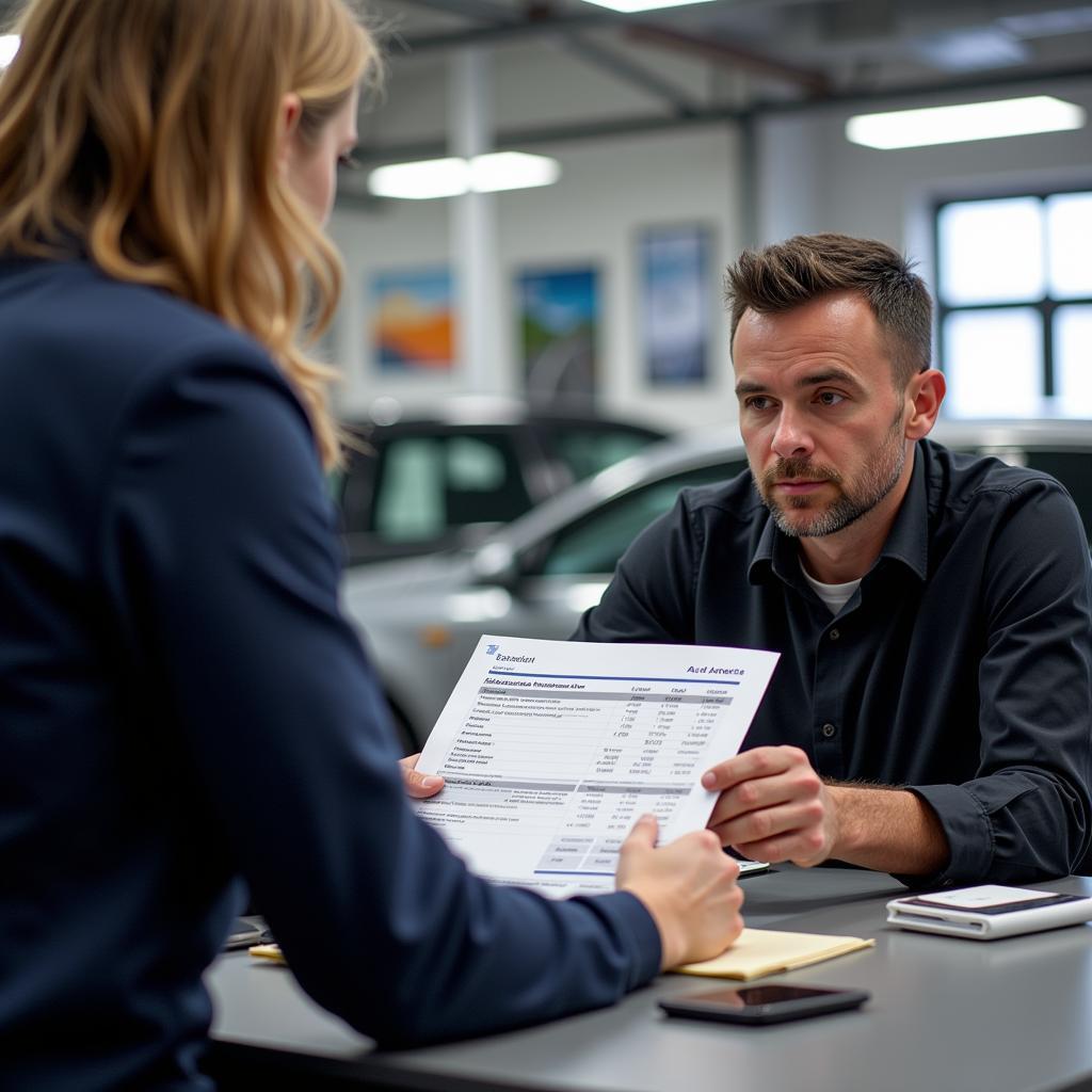 Customer reviewing an auto repair estimate with a service advisor