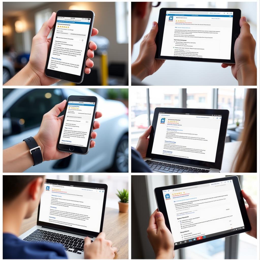 People reading online reviews for an auto service center on their phones and laptops.