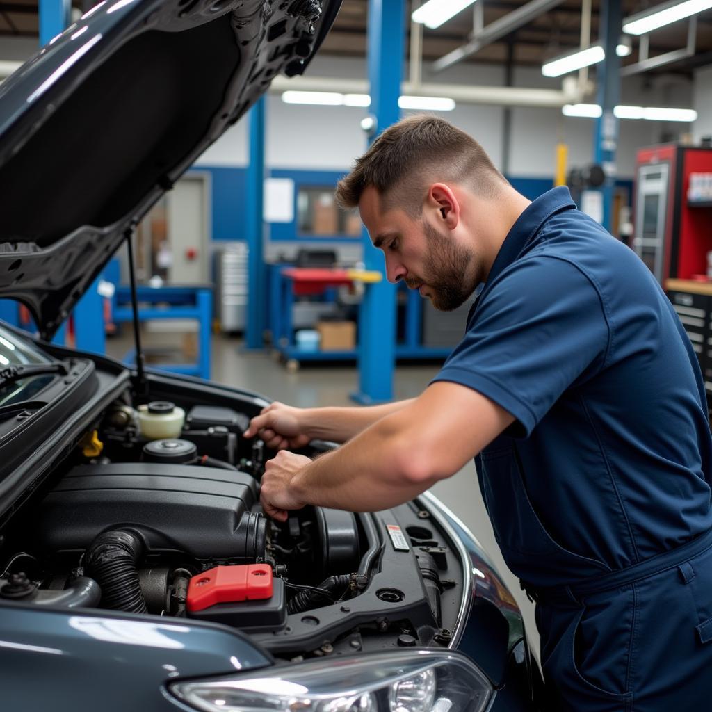 Mechanic working on a car engine in a Diego's Auto Service shop