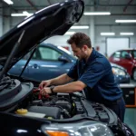 Mechanic Working on a Car in a Service Bay