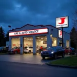 Exterior of a modern, clean, and well-equipped j tire & auto service shop