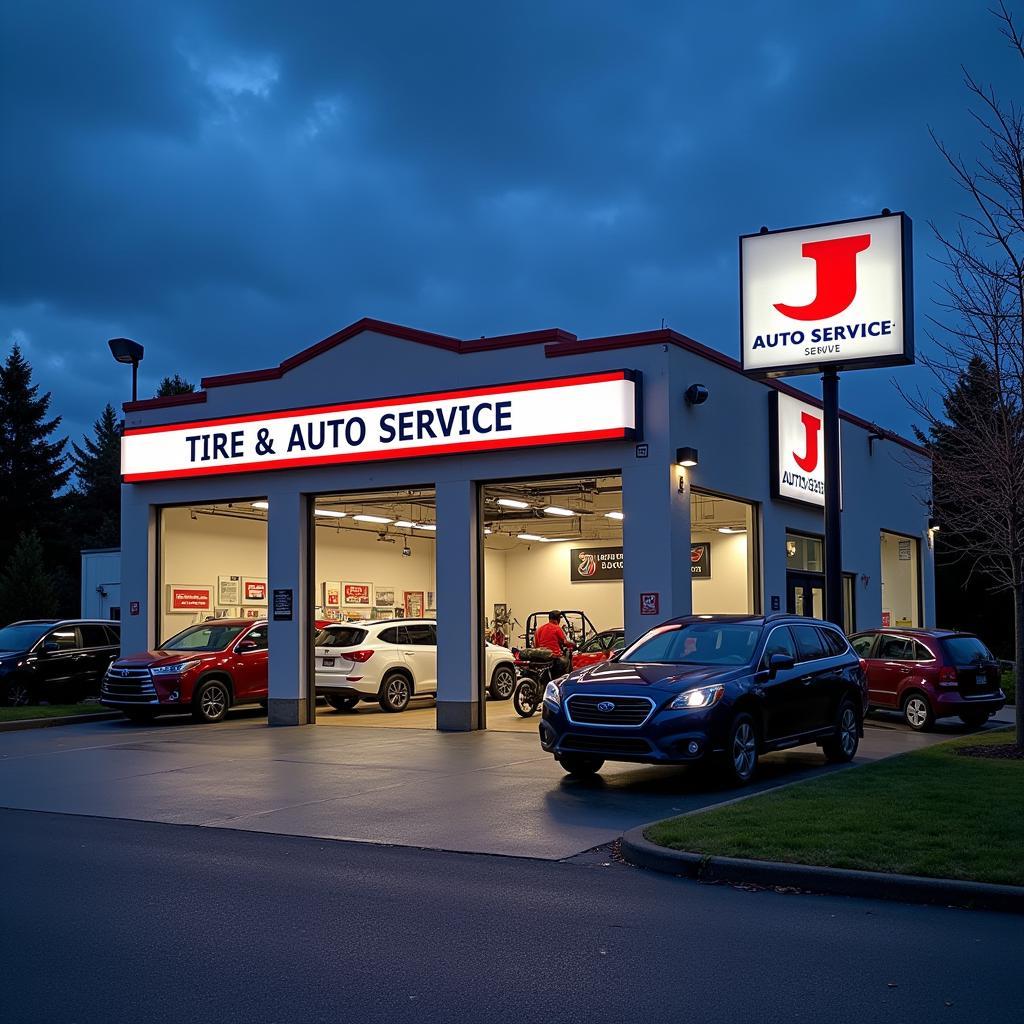 Exterior of a modern, clean, and well-equipped j tire & auto service shop