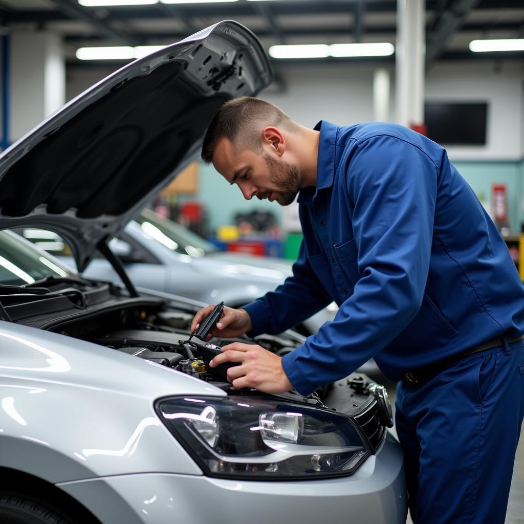 Mechanic using a diagnostic tool to check a car