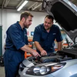 Mechanic explaining car repair to a customer