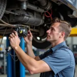 A mechanic carefully inspects various auto lift parts for wear and tear