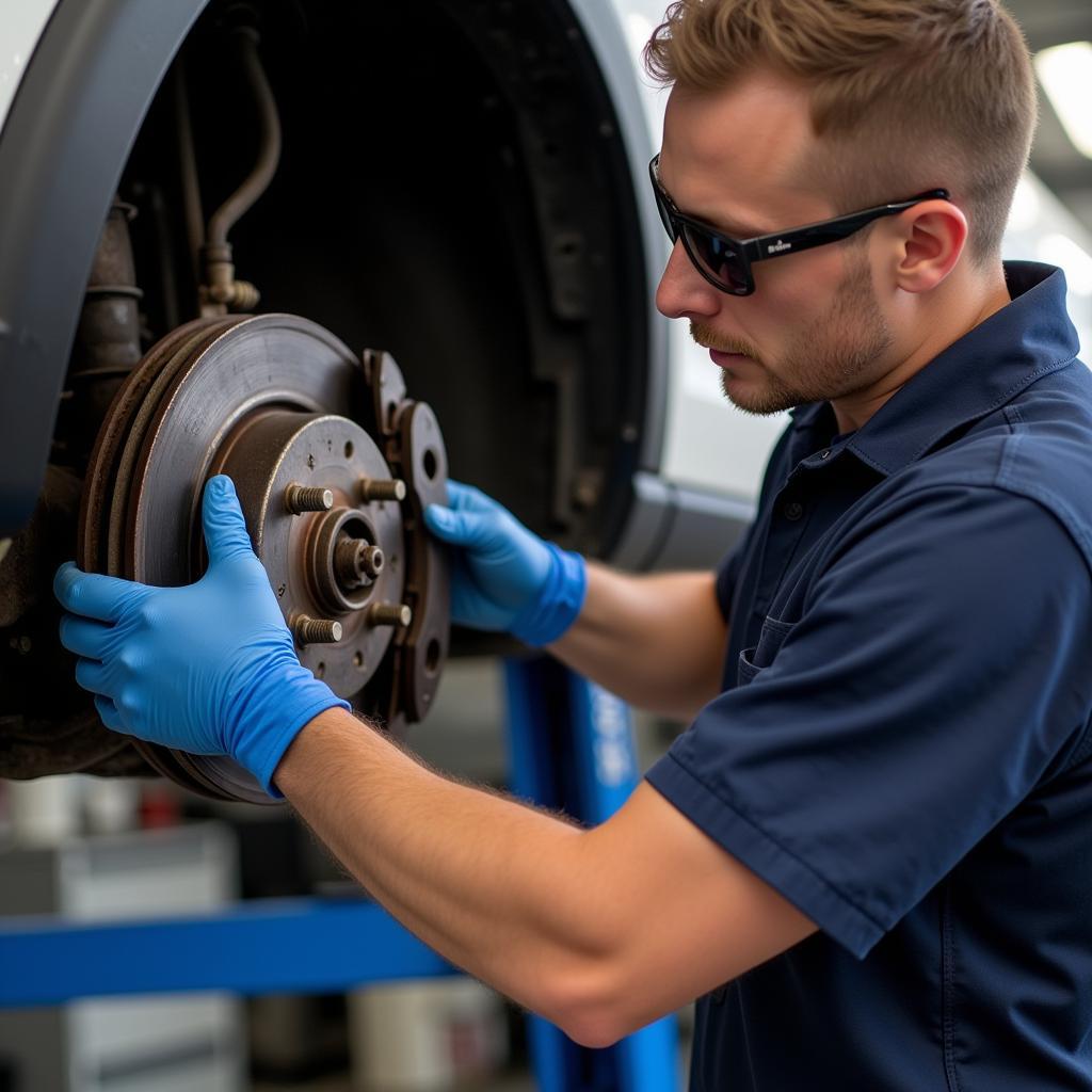 Mechanic Inspecting Car Brakes