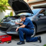 Mechanic Performing an Oil Change as Part of an Auto Home Service Plus Package