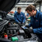 Mechanic inspecting a car during a routine service check