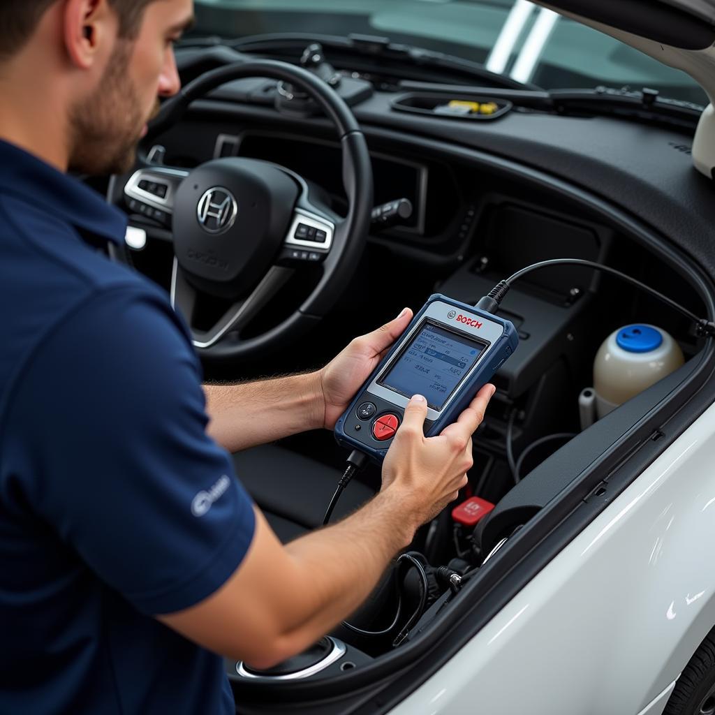 Mechanic Using a Diagnostic Tool on a Car