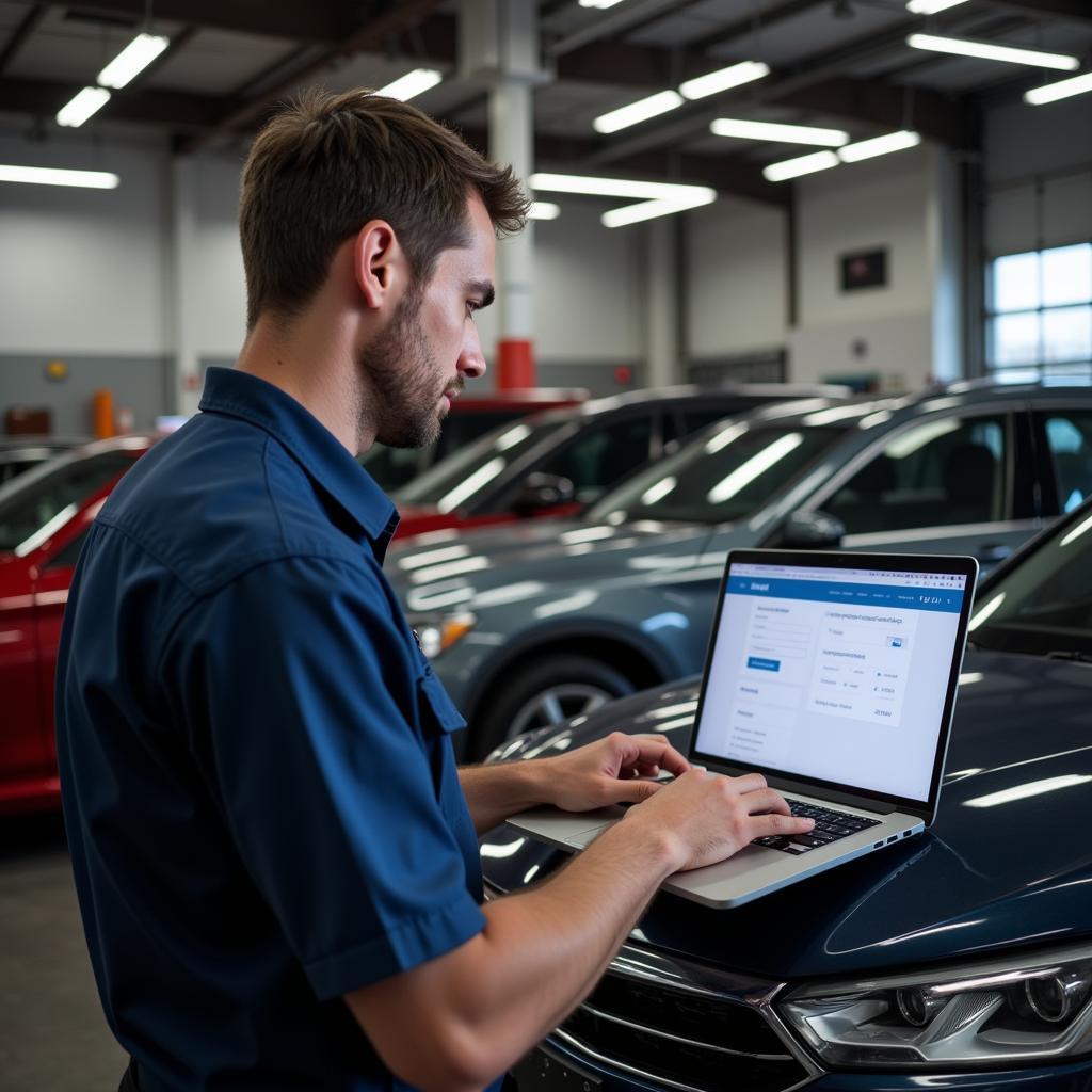 Mechanic Using Laptop for Online Appointments