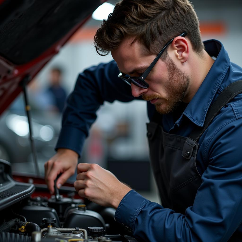 Mechanic Performing Car Engine Maintenance