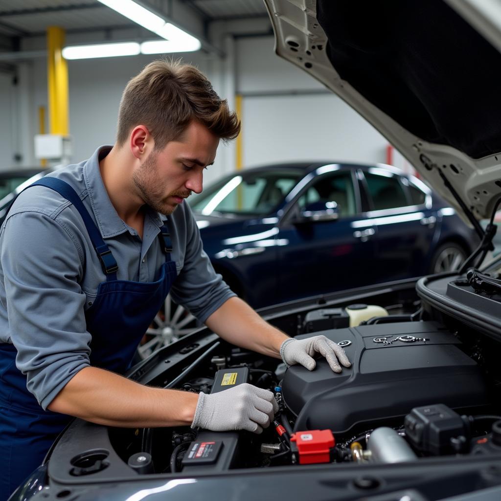 Mechanic Working on an Imported Car Engine