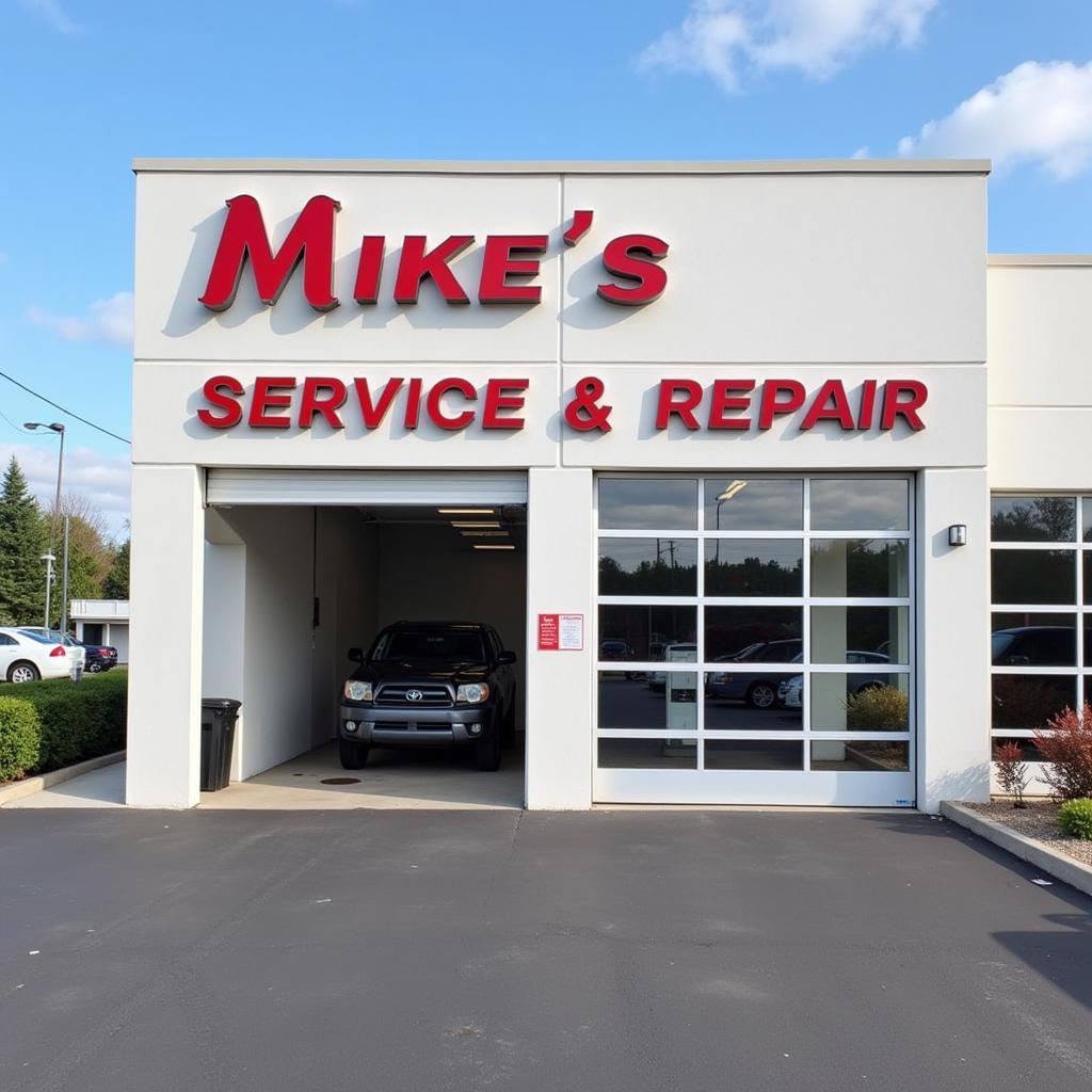 Exterior view of a clean and modern Mike's Auto Service and Repair shop with clearly visible signage and ample parking.