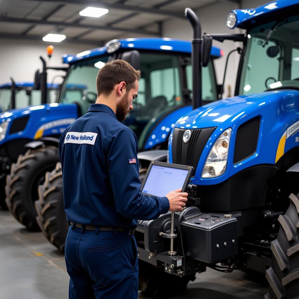 Technician servicing a New Holland tractor at an authorized service center