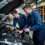 North Decatur Auto Service Costs: A mechanic working on a car engine in a North Decatur auto repair shop.