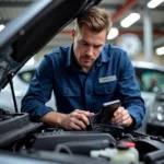 Qualified Auto Service Technician Examining a Car Engine