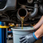 Mechanic changing the oil in a car engine.