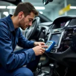 Reliable Auto Service Technician Performing Diagnostics