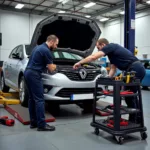 Renault Megane undergoing routine maintenance at a specialized auto service center.