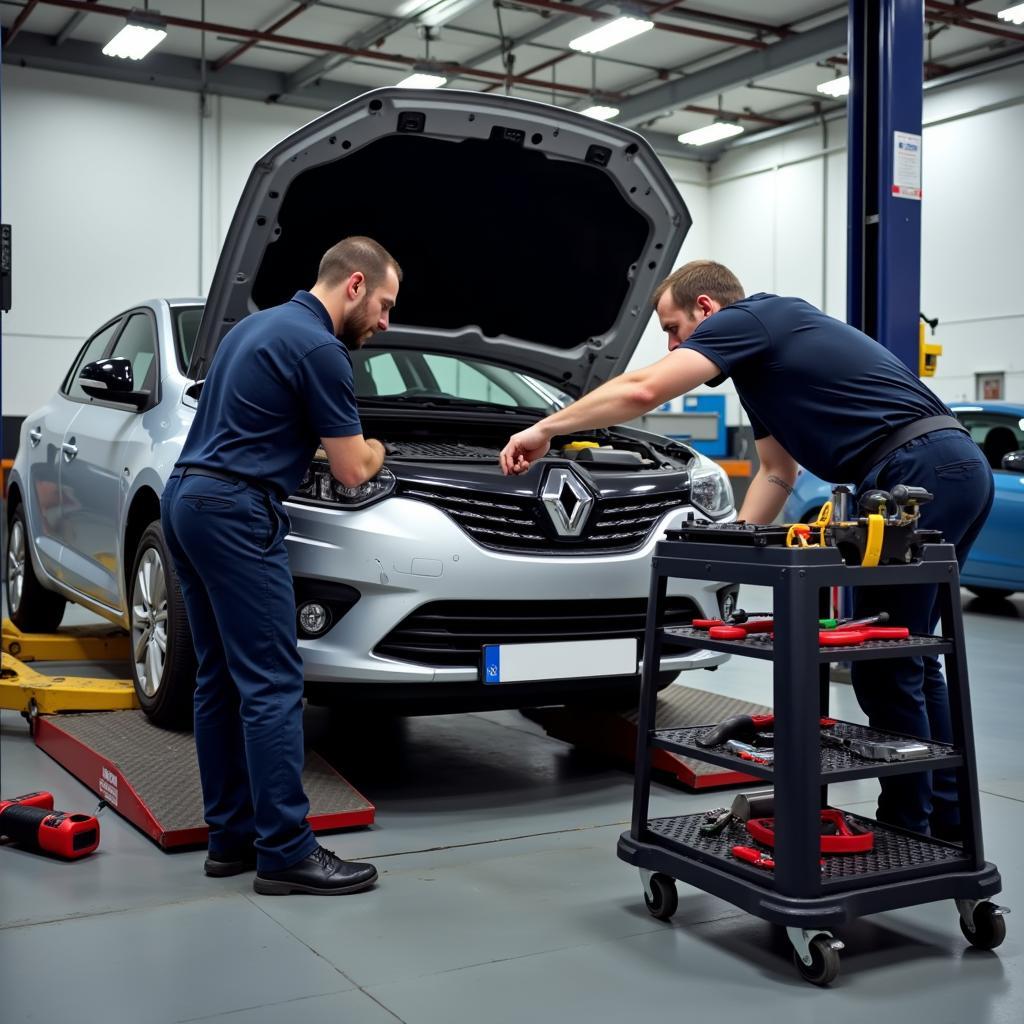 Renault Megane undergoing routine maintenance at a specialized auto service center.