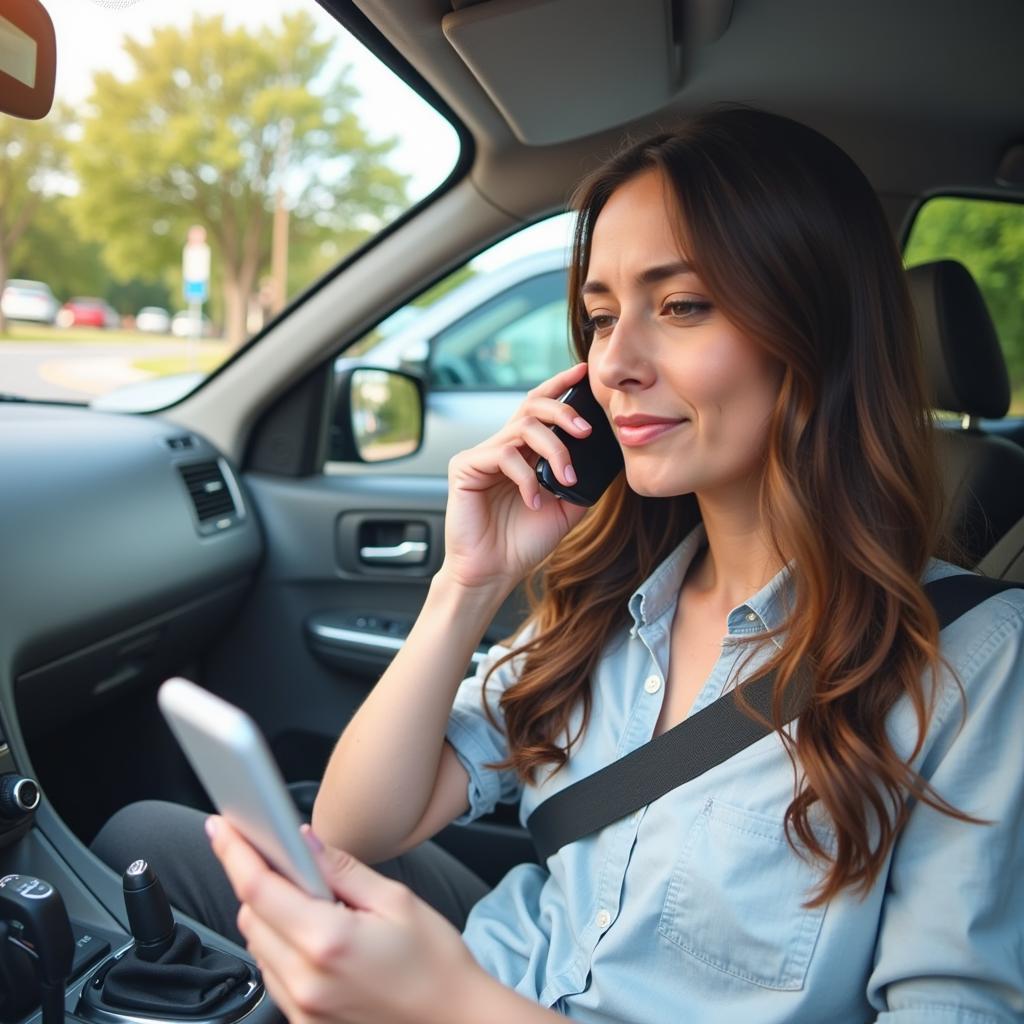 A person calling for roadside assistance while talking on their cell phone, with their broken-down car in the background.