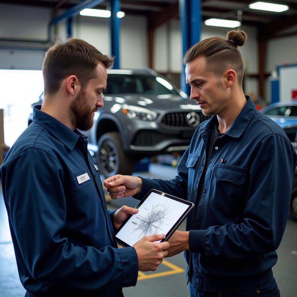 An auto service technician explaining repairs to a customer in Saukville