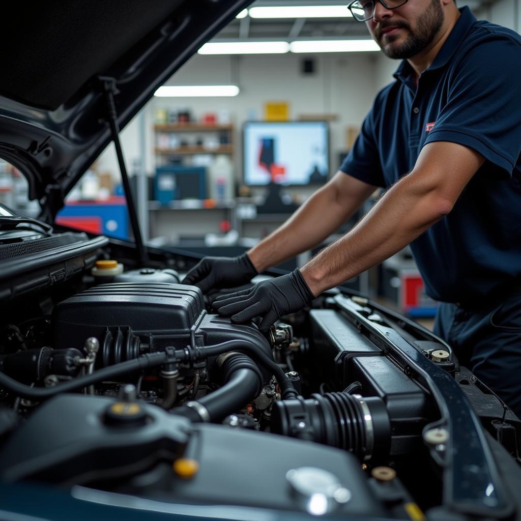 Mechanic Working on a Suburban's Engine