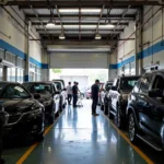 Vietnamese Auto Service Garage - A bustling auto service garage in Vietnam, showcasing mechanics working on various vehicles.