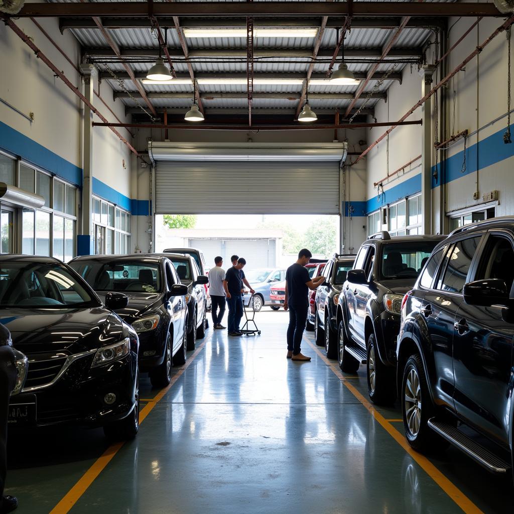 Vietnamese Auto Service Garage - A bustling auto service garage in Vietnam, showcasing mechanics working on various vehicles.